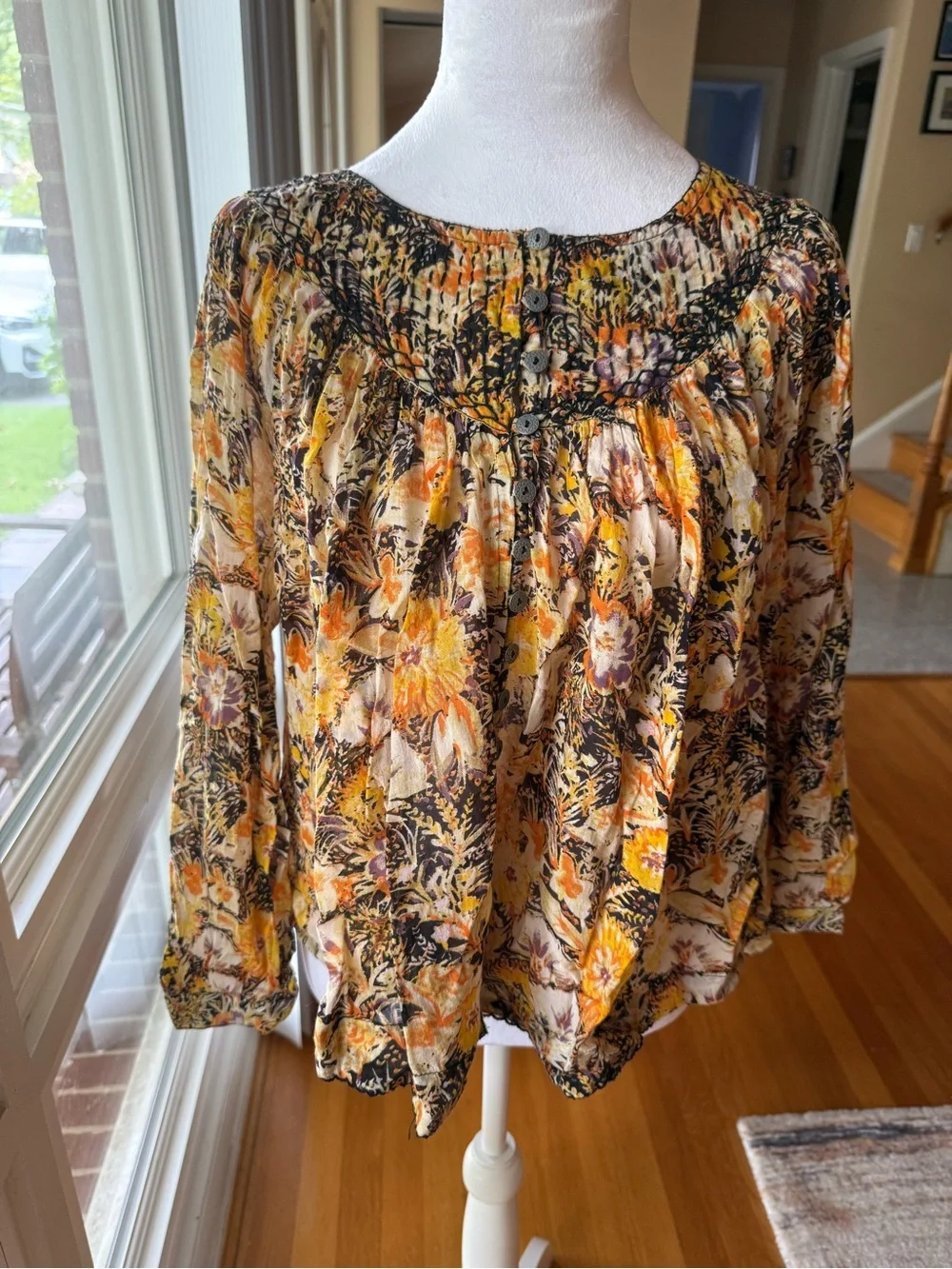 Free People Yellow Black Floral Peasant Blouse with Button Yoke